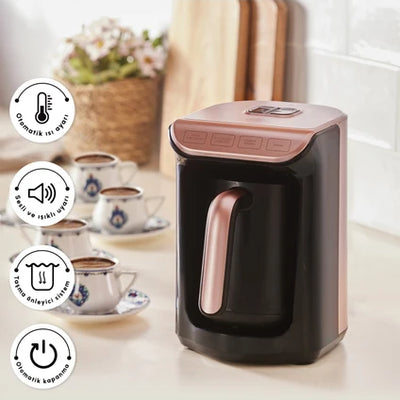 Karaca Hatır Emberized Turkish Coffee and Turkish Coffee Machine Roseberry 5 Cup Capacity with Plenty of Foam