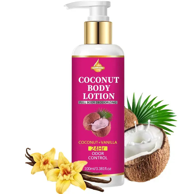 Two bottles, coconut and vanilla body deodorant cream